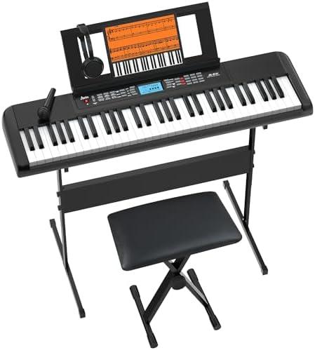 61 Key Keyboard Piano, Portable Electric Piano Keyboard w/LCD Screen, Built-In Speakers, Headphones, Stand, Stool, Music Rest, Microphone, 300 Timbres, 300 Rhythms