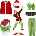 Green Santa Monster Adult Christmas Costume Set - 7PCS Santa Claus Outfit with Mask Included