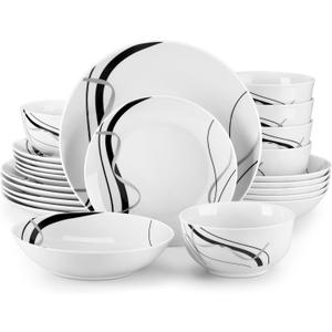 VEWEET Porcelain Dinnerware Sets for 6, 24 Pieces Plates and Bowls Set with Black and Grey Ribbon Lines, Dishes Set Dining Ware for Dinner, Microwave and Dishwasher Safe, Series FIONA