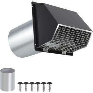 4 Inch Hooded Wall Vent with Screen and Damper,Outdoor Dryer Vent Cover for 4 inch Pipe,Wall Exhaust Vent Cover Cap External Extractor for House Ventilation&Outside Air Exhaust,Galvanized Steel,Black