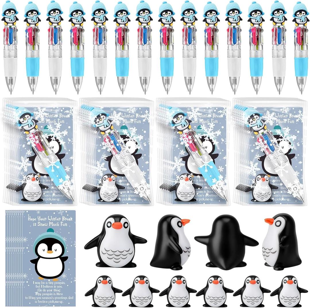 AmazingSpark 24 Set Christmas Winter Gifts for Women Bulk Ballpoint Pen Mini Pocket Resin Ornaments Winter Inspirational Card Gift Bag Christmas Classroom Gifts for Student Prizes Coworker(Penguin)