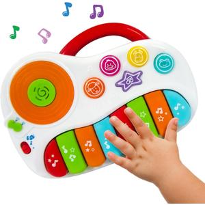 Musical Piano Toy for 1-3 Year Old Toddlers, 8-Key Rainbow Keyboard with DJ Turntable Scratchpad, 5 Light-Up Animal Buttons, Demo Songs, Volume Control and Carry Handle, Boys Girls Gift