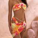 Women's Floral Bikini Set Tropical Halter 3 Piece Wrap Mini Skirt Beachwear Sexy Summer Vacation Outfit Swimwear Yellow Medium (M)