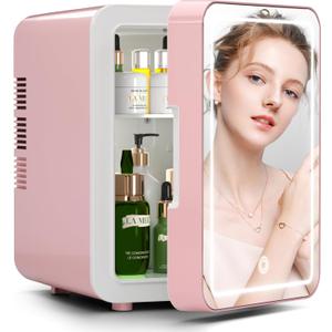 Mini Skincare Fridge (4 Liter/6 Can) with Dimmable LED Light Mirror, Cooler and Warmer for Refrigerating Make Up, Skin Care and Food, Portable Mini Fridge for Bedroom, Office and Car, Pink