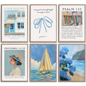 BOKPEN Blue Coastal Christian Canvas Wall Art Bible Verses Poster Prints Wall Decor Pictures Preppy Religion Aesthetics Paintings Artwork for Living Room Bedroom Apartment Dorm Decor 12x16in Unframed