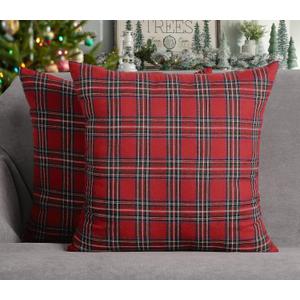 4TH Emotion Set of 2 Christmas Scottish Tartan Plaid Throw Pillow Covers Cushion Case Polyester for Farmhouse Home Decor Red and Green, 16 x 16 Inches