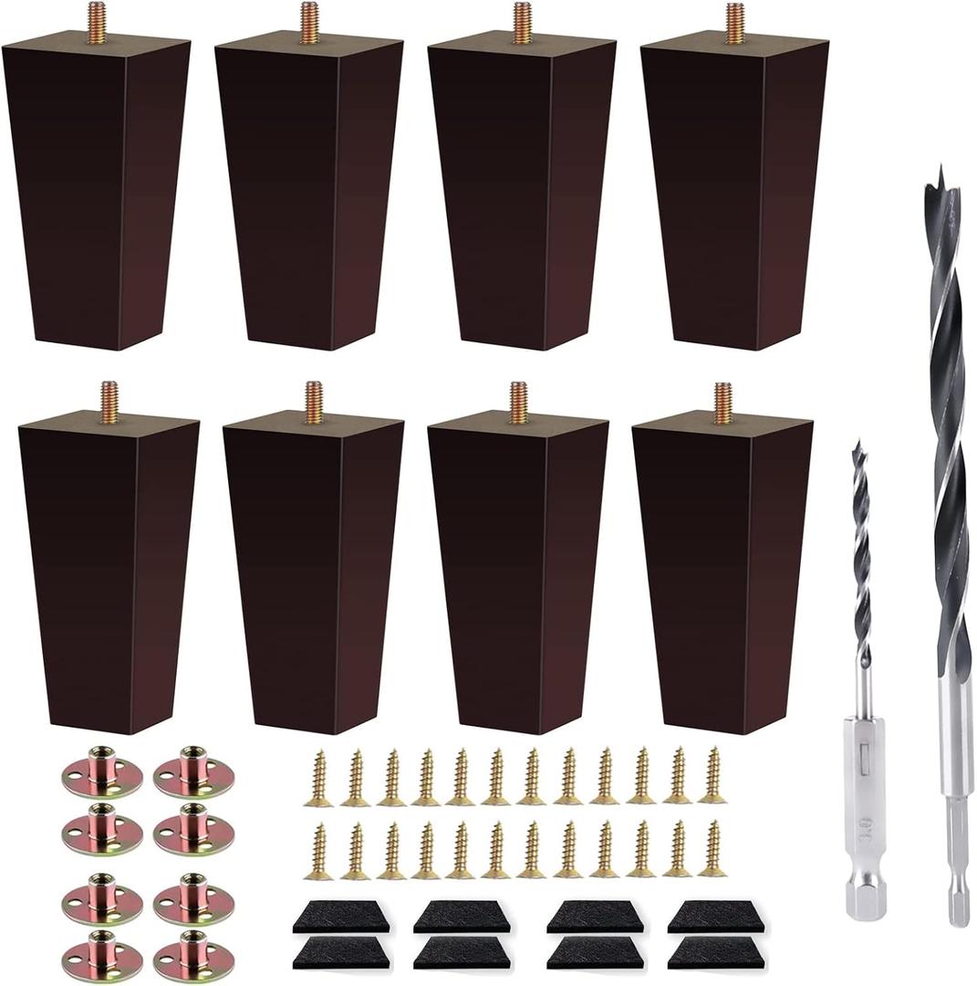Sofa Legs Square Bed Feet 5 inch Wood Replacement Leg for Furniture Set of 8, Dark Brown