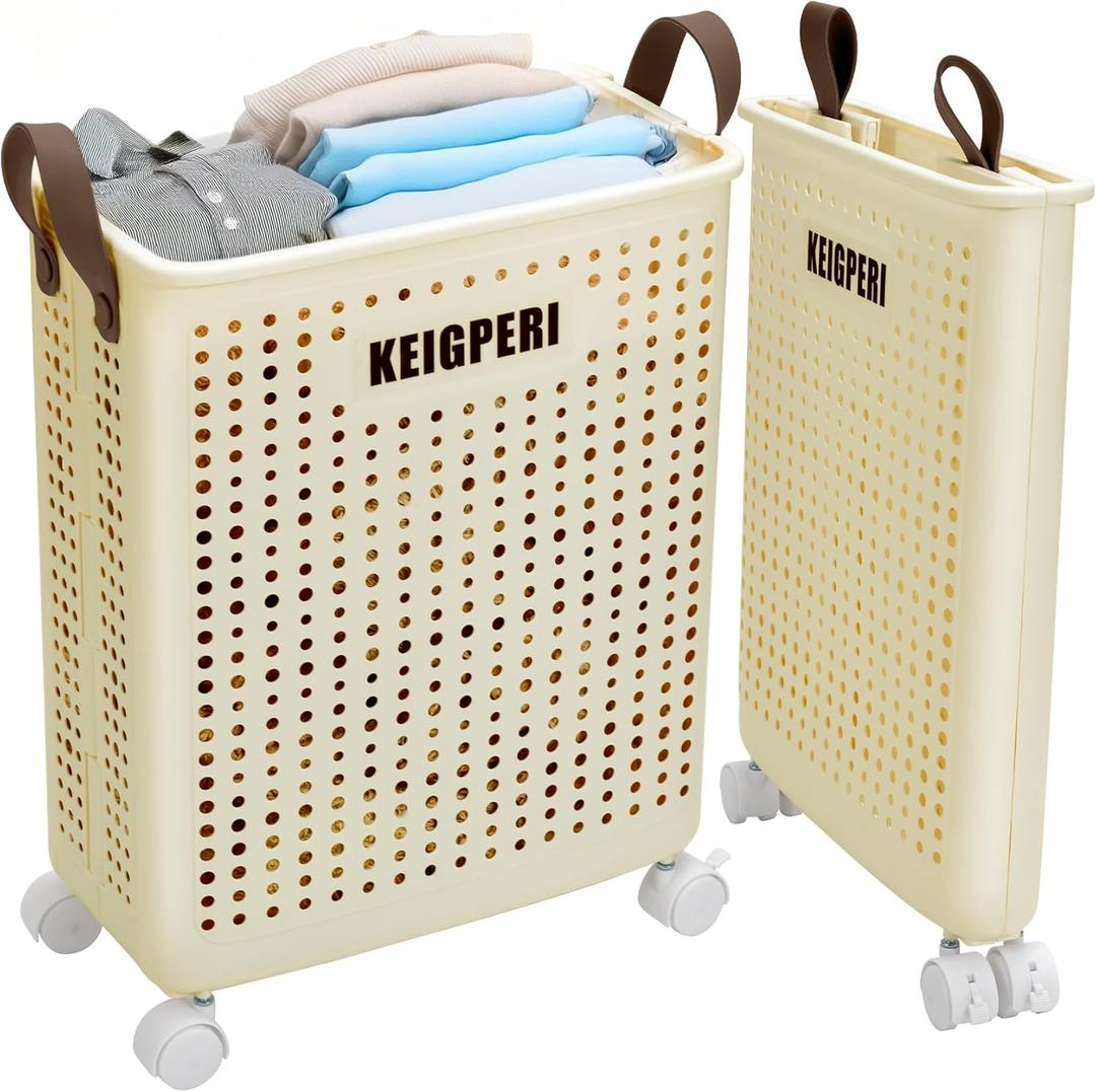 Keigperi Collapsible Laundry Baskets Laundry Basket With Wheels Foldable Laundry Basket Milk White Small Small 37.5L