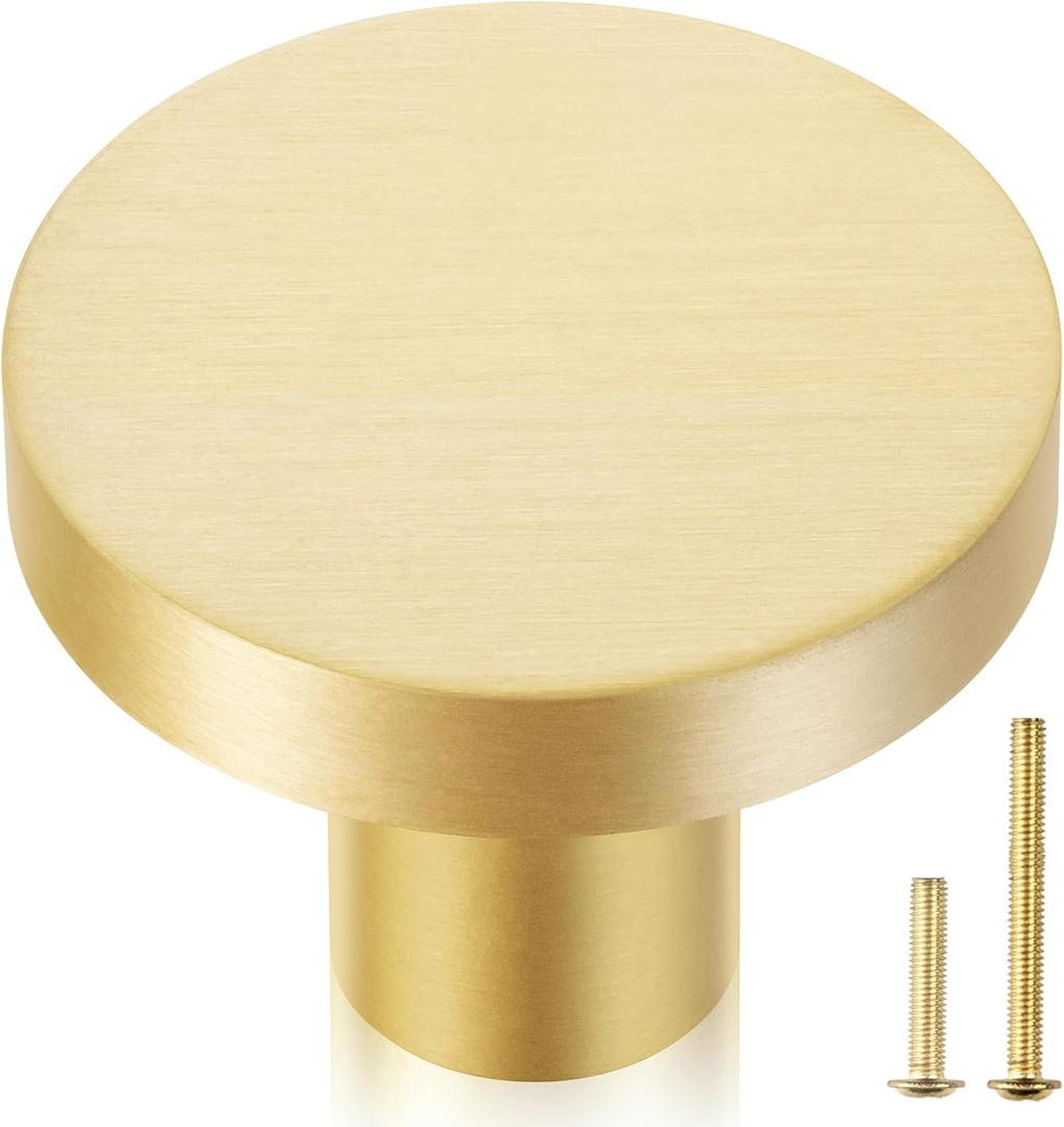 QOGRISUN 15-Pack Solid Brass Cabinet Knobs, 1-Inch Diameter, Round Gold Dresser Drawer Pulls Handles, Modern Kitchen Hardware, Brushed Brass Finish (1-1/8-Inch Diameter)