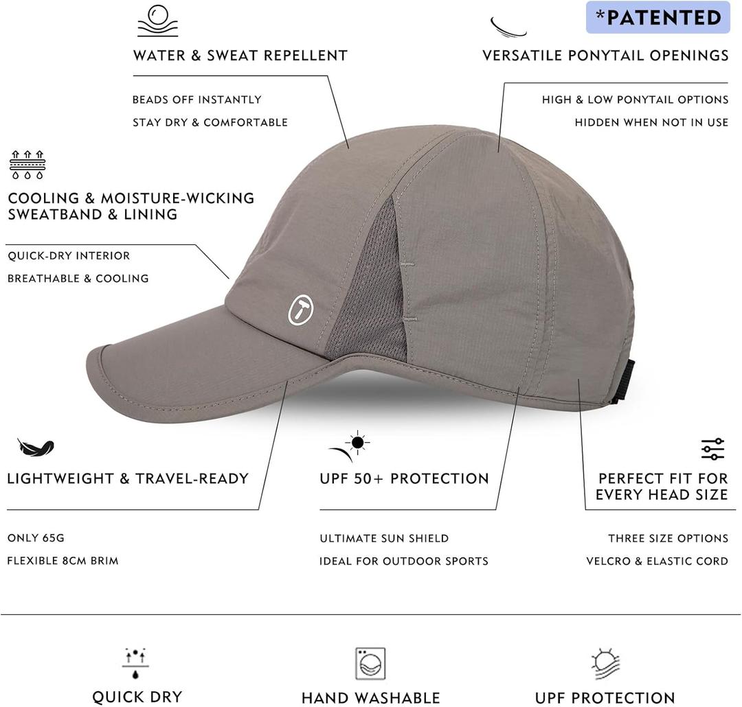 TOP-EX Womens Baseball Cap with Ponytail Hole Summer Cooling SPF 50 Waterproof Sun Caps for Outdoor Sports Adjustable Packable Grey S/M (Gray)