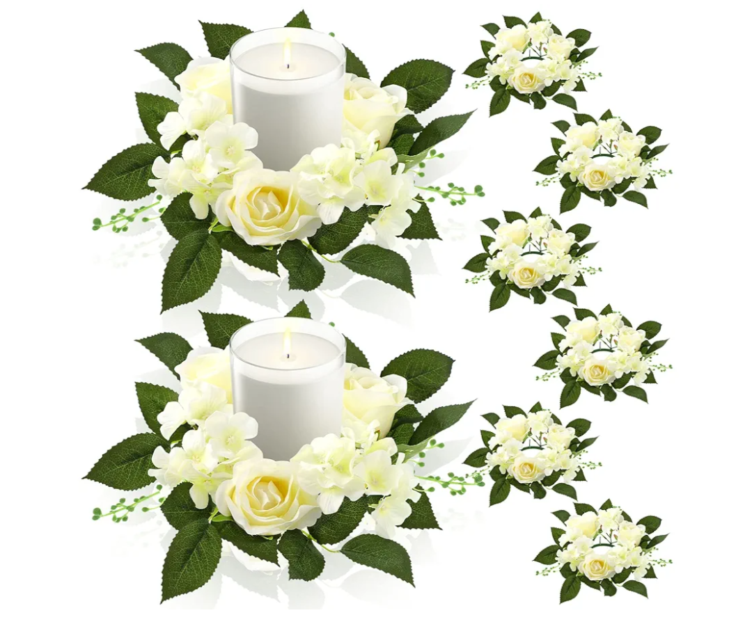Jutom 16 Pcs Wedding Rose Candle Rings Artificial Floral Wreaths with Green Leaves White Flower Candle Rings Candleholders Garland for Wedding Pillar Centerpiece Party Table Decor