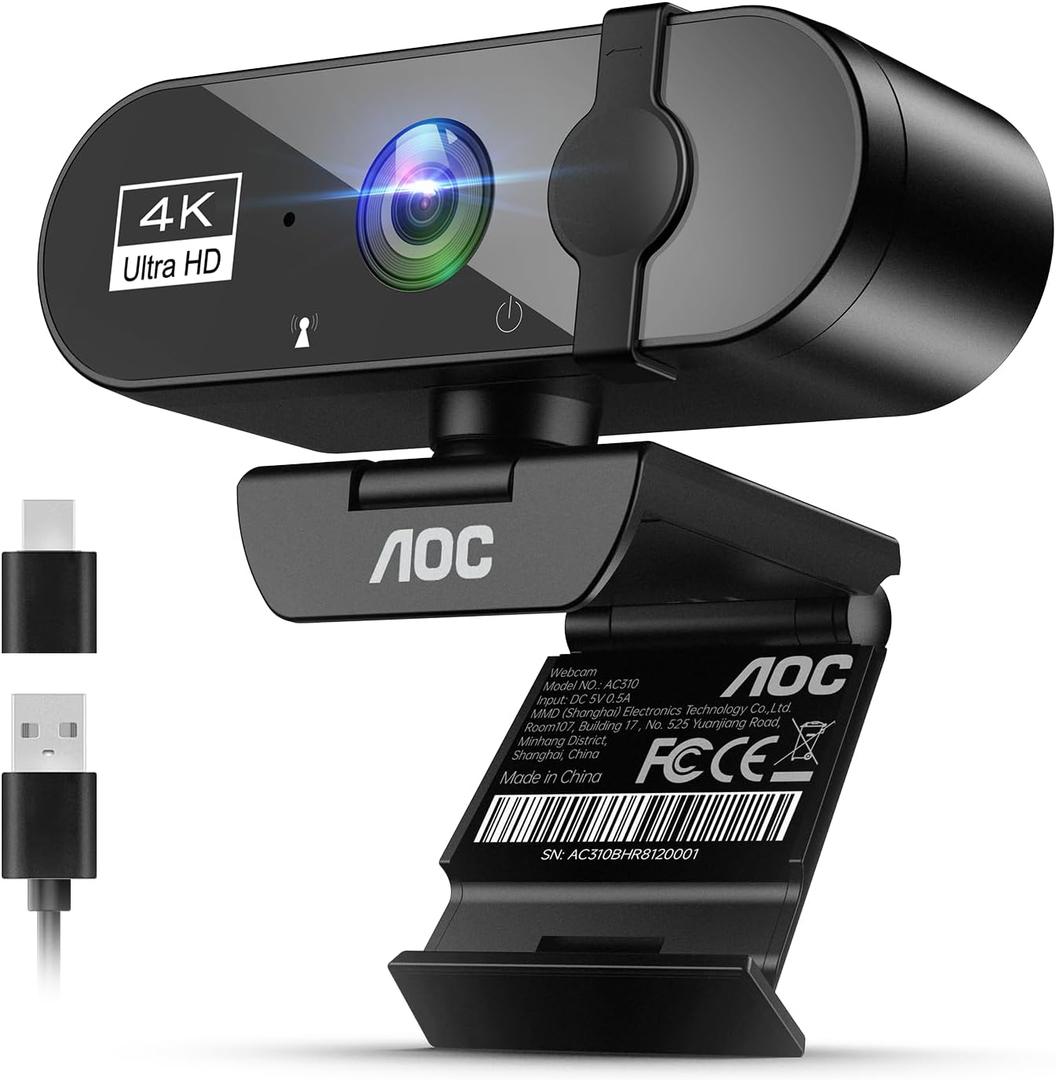 AOC 4k Webcam for PC with Microphone, Computer Camera with Noise Cancellation, Privacy Cover, 99 FOV, Plug & Play USB Webcam for Streaming, Conferencing, Zoom, Skype, Facetime, Laptop, PC, Skype (Black)