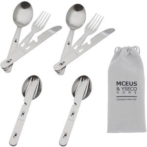 4-in-1 Camping Utensils Hiking Cutlery Set for 4, Portable Stainless Steel Flatware Spoon Fork, Knife & Bottle Opener Combo pack for Picnic Travel, Barbecue, Backpack Outdoor Gear with Carrying Bag
