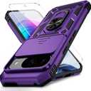 Vinve for Google Pixel 9 Case, Pixel 9 Pro Case, Slide Lens Cover, HD Screen Protector, Military Grade Drop Protection, Magnetic Rotated Ring Holder Kickstand Protective Phone Case (Deep Purple)