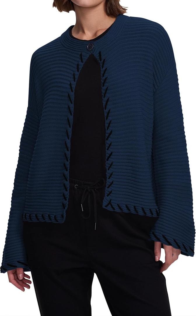 Cakulo Womens Cropped Cardigan Sweaters Bell Sleeve Trendy Fall Chunky Knit Cardigans 2025 Open Front Sweater Coats (Blue, XL)