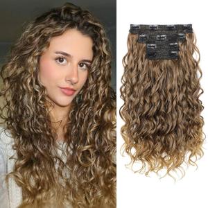 REECHO Curly Hair Extensions, 4PCS 16 inch Clip in Hair Extensions Lace Weft Short Curly Extension Clip Ins Invisible Natural Hairpieces for Women, Dark Brown to Light Brown