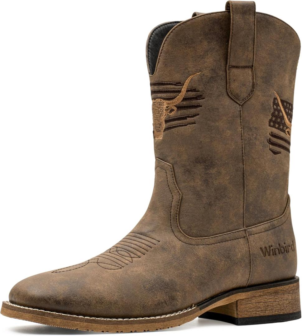 Winbird Cowboy Boots For Men Square Toe Western Men's Boots Vegan/Genuine Leather with Classic Patriot Pull On Boot, Slip Resistant Country Boots Chunky Heel Short Boots for Spring Fall,7.5