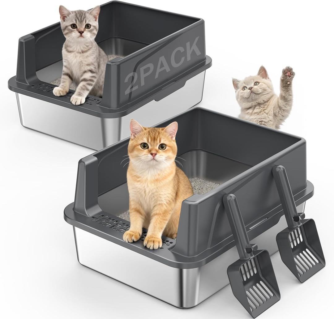2PACK Stainless Steel Cat Litter Box with Lid, High-Sided Metal Litter Pan for Small Cats, Kitty Litter Box, Non-Stick & Odor-Resistant, Anti-Urine Leakage, Easy to Clean, Scoop Included (Dark Grey)