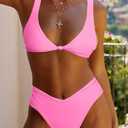 geluboao Bikini Set for Women Solid V Neck Knot Front Push Up High Leg Thong Two Piece Swimsuit (Pink, S)