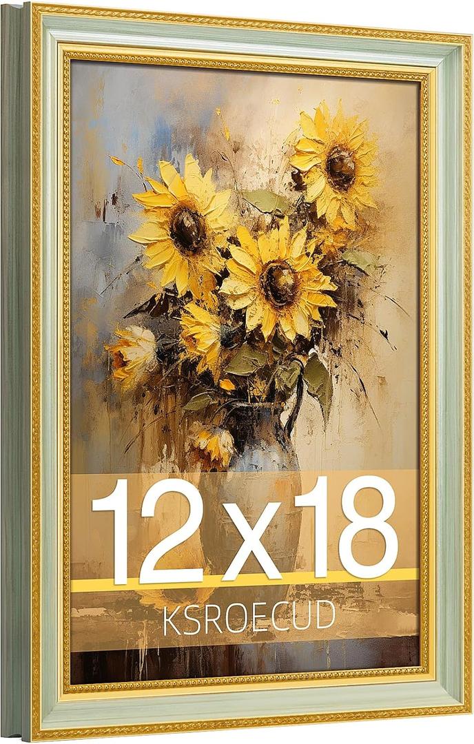 12x18 Picture Frame, HD Real Glass Ornate Vintage 12x18 Photo Frame, 12 by 18 Poster Frame with Gold Green Texture Border Horizontal & Vertical Display for Tabletop or Wall Decor (1 Pack)