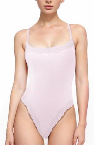 AGYMNX Women Sexy Lace Square Neck Bodysuit Sleeveless Tummy Control Leotard Bodysuit Going Out Tank Tops Basic Cami Shirts, Small