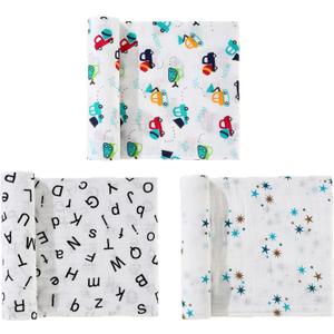 MorroMorn Muslin Swaddle Blankets for Newborn Baby Girls, 3 Pack 100% Cotton Receiving Blanket - Breathable Soft Large 47x47 Inch, Essentials Wrap Burping Clothes Nursery Infant Shower Gifts (Rainbow) (Rainbow & Alphabet & Stars)