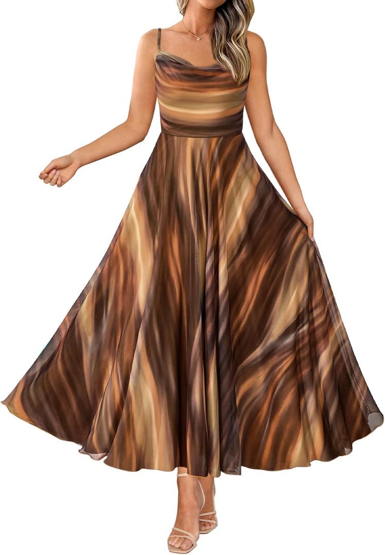 BTFBM Women Summer Floral Maxi Dresses Elegant Spaghetti Strap Dress Printed Party Dress Beach Long Dresses (Brown, XL)