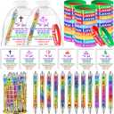 Gersoniel 24 Pack Jesus Loves Me Christian Gift Set with Bible Verse Pens, Silicone Bracelets, Inspirational Cards & Organza Bags for Church Sunday VBS Party Favors Religious Supplies