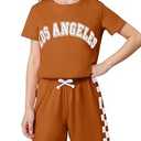 Dorbee Toddler Girl Summer Outfits Plaid Print Short Set Athletic Sets and School Girl Outfit, Light Brown, 6-7 Years