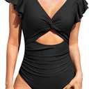 Women's One Piece Swimsuit Ruffle Swimsuit with Sleeves Cutout Bathing Suit Slimming Tummy Control V Neck Swimwear, Medium, Black