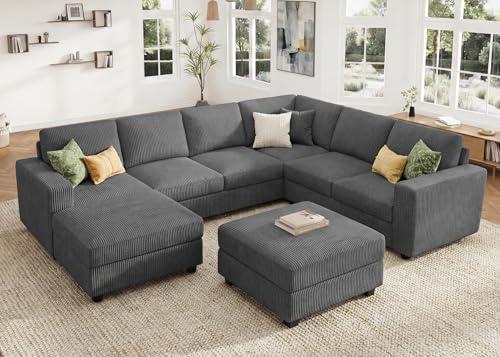 HONBAY Corduroy Sectional Couch with Storage, U Shaped Sectional Sofa, 8 Seater Sectional Couches for Living Room, Dark Gray