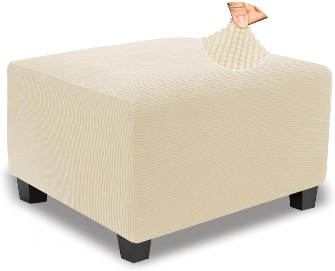 NeColorLife Stretch Ottoman Cover Square Soft Knitted Jacquard Washable Thick Storage Foot Stool Cover for Square and Rectangle Ottomans Beige Large