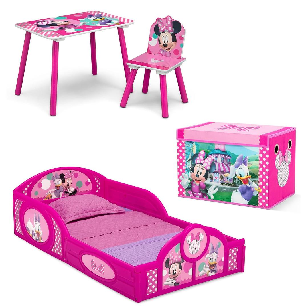 Delta Children Disney Minnie Mouse 4-Piece Toddler Room-in-a-Box Set Includes Sleep and Play Toddler Bed, Table, 1 Chair and Toy Box, Pink