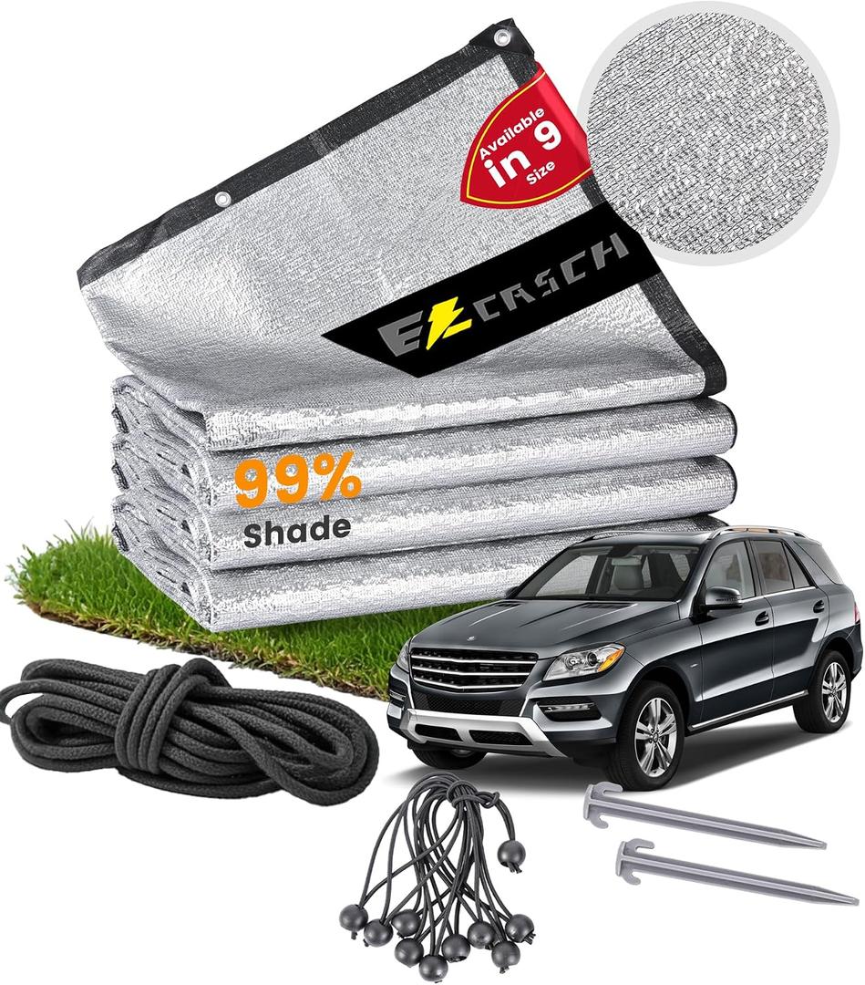 99% Aluminet Shade Cloth 13'x20' Aluminum Shade Cloth Heat Protection Reflective Tarp Aluminet Car Shade with Elastic Cord & Nylon & Rope Nails Suitable for UV Protection for Outdoor Use