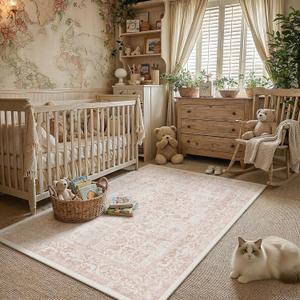PureCozy Pink Area Rug 4x6 Office Entryway Rug Machine Washable Kitchen Vintage Distressed Non Slip Carpet Indoor Retro Floral Accent Throw Door Mat for Bathroom Bedroom Dining Living Room