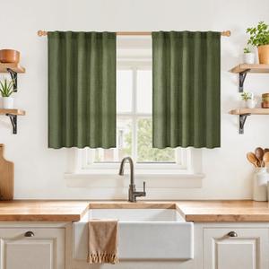 YoungsTex Olive Green Linen Kitchen Curtains 36 Inch Length, Semi Sheer Textured Small Drapes Rod Pocket Back Tab for Cafe Bathroom Short Window, 2 Panels, 42 X 36 Inch