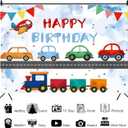 10x8ft Transportation Birthday Backdrop Cartoon Cars Train Boy Birthday Party Photography Background for Kids Boys Birthday Decorations Portraits Banner Photo Studio Props