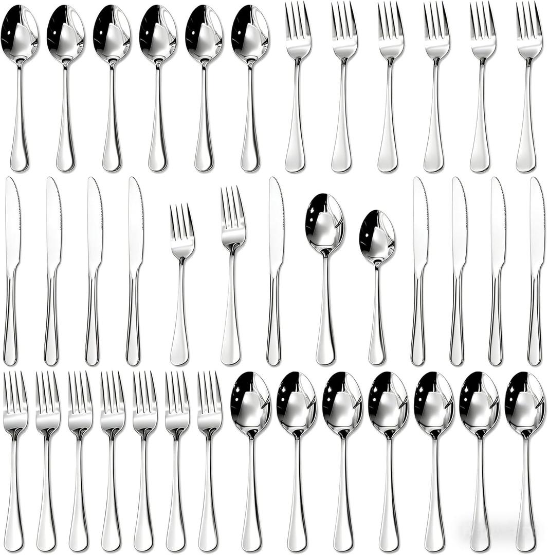 40-Piece Silverware Set for 8, Premium 18/10 Stainless Steel Flatware, Quality Heavy Duty Cutlery Utensils, Mirror Polished Dishwasher Safe Silverware for Home Wedding Housewarming Gift - HIKAA