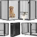 Metal Freestanding Dog Gate with Cat Door for Outdoor & Indoor,120" Extra Wide Foldable Pet Fence,30" Tall Dog Gate for RV Camping,Stairs,Hallways,Doorways,Deck,Yard,with 5PCS Support(6 Panels,Black)