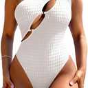 SKAYS Women's One Piece One Shoulder Swimsuit with Cutout Halter Design High Waisted Sexy Tummy Control Bathing Suit (White, Large)