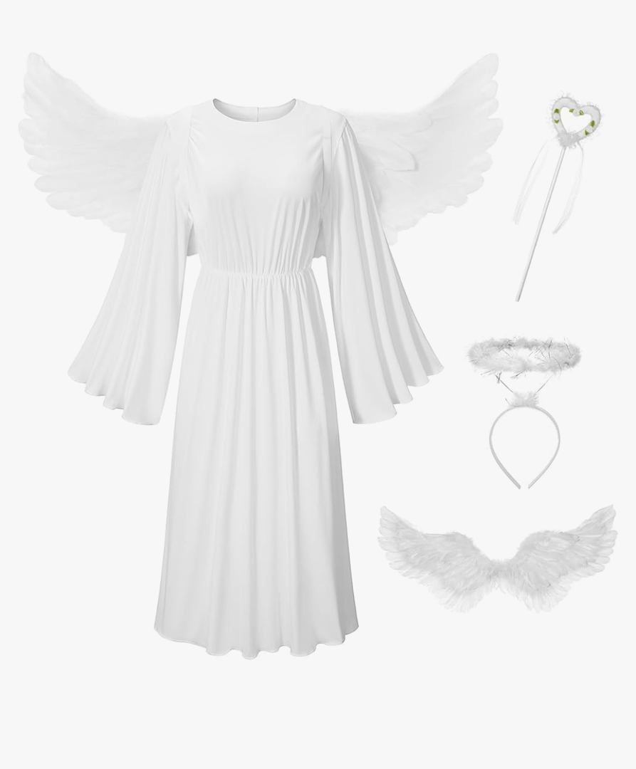 Irtysh Women Angel Costume With Angel Feather Wings headband Wand Set For Halloween Outfit Birthday Cosplay Costume, White, L