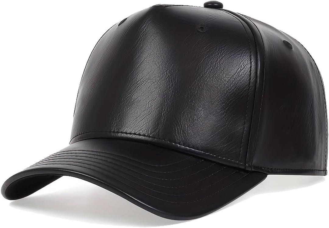 Leather Baseball Cap, Adjustable PU Leather Outdoor Sport Caps for Men Women (One Size, Black)