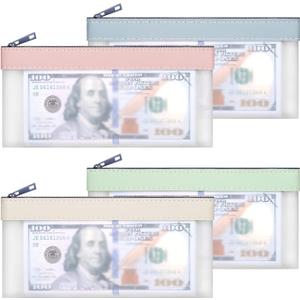 4-Piece Multi-Purpose Money Bag with Zipper - Money Envelopes for Cash,Money Pouch 7.6 X 3.7 Inch, Bank Deposit Bags for Cash Coin, Invoice, Makeup, Bills, Receipts, Tool Storage (green, pink, blue, white)