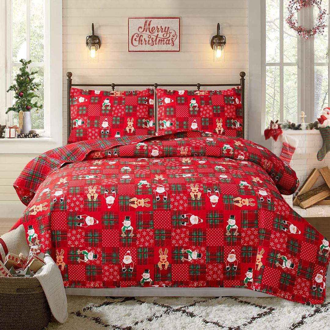 Christmas Quilt Set Full/Queen Size Xmas Bedding Red Buffalo Plaid Patchwork Quilts Reversible Christmas Bedspread Set Rustic Lodge Moose Coverlet Lightweight Quilt Holiday Xmas Snowman Elk Decor