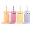 Elk and Friends Kids + Toddler Glass Cups | The Original 12oz Glass Mason Jar with Sleeves + Lids | Silicone Straws + Stopper | Smoothie Cup | Food Storage | Spill Resistant | Dishwasher Safe | 4 Pack