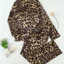 BEAUDRM Women's 2 Piece Leopard Print Satin Pajama Set Cheetah Button Down Long Sleeve Top and Pants Sleepwear (S)