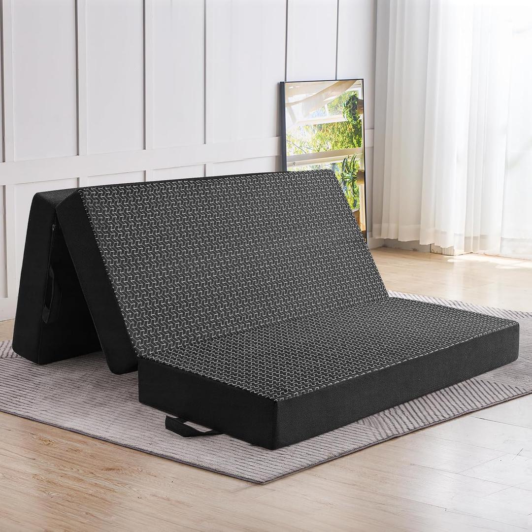 CYMULA Folding Mattress Full Size, 6 inch Memory Foam Tri Portable Murphy Bed and Futon, Full Topper with Breathable & Washable Cover, Foldable Floor Mattress for RVGuest BedsBlack (52"73"6")