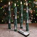 2 x Eywamage Green Christmas Tree Flameless Taper Candles with Remote, Flickering LED Wax Candlesticks Set of 2