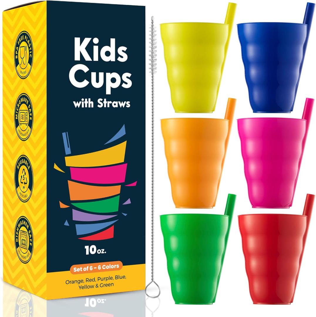 JoyServe Kids Cups - (Set of 6) - 10oz Toddler Cups with Straws for Kids - Stackable BPA-Free Plastic Sip-A-Cup Drink Tumblers for Water, Juice, Milk - Dishwasher Safe, Everyday Use, Neon Colors