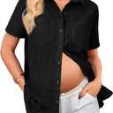 OUGES Womens Soft Stretchy Denim Shirt Summer Maternity Clothes Short Sleeve Jean Jacket Button Pregnancy Casual Coats (Black, L)